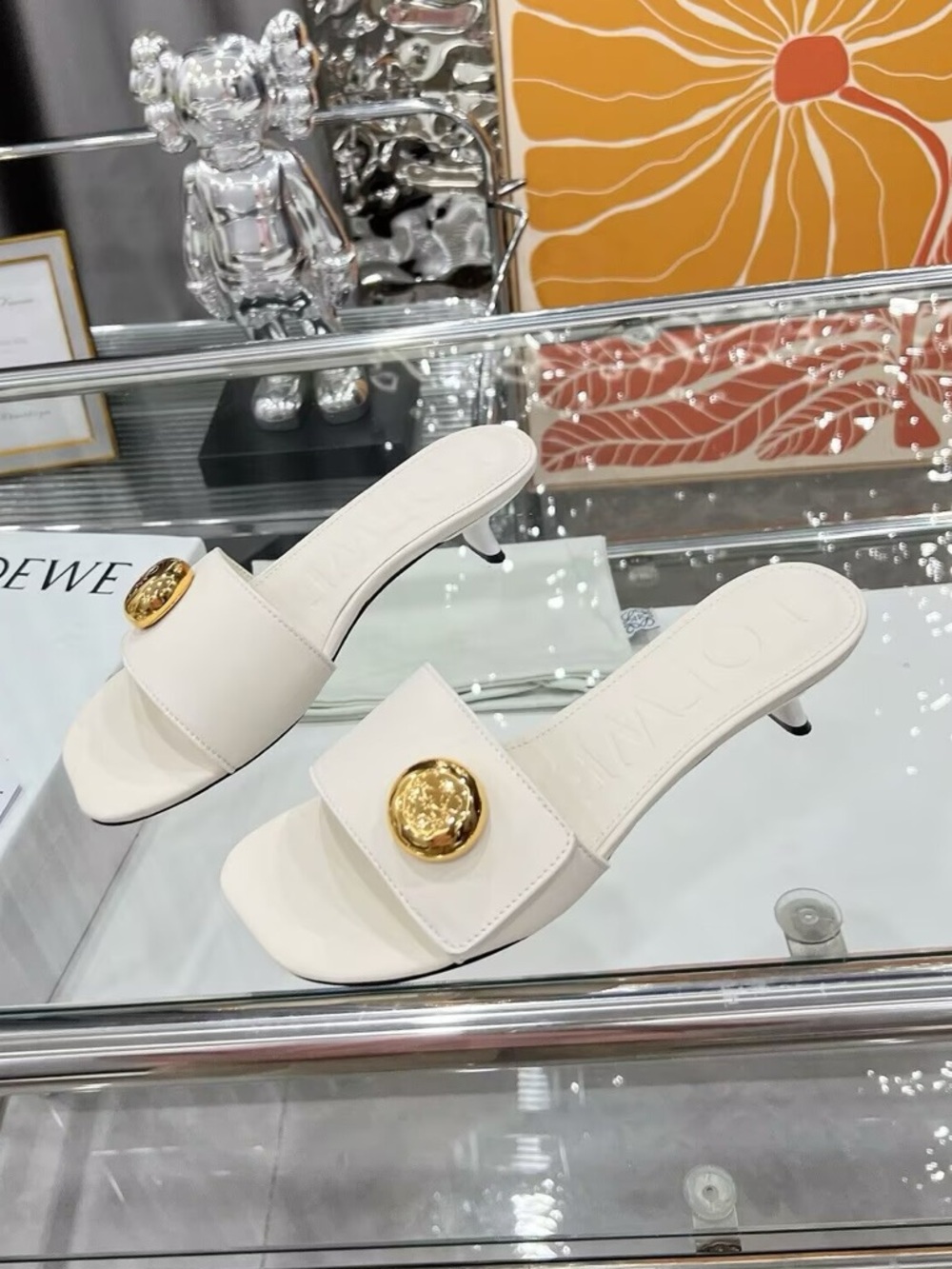 Loewe Cream Leather Slide Mules with Gold Medallion - Picture 2 of 7